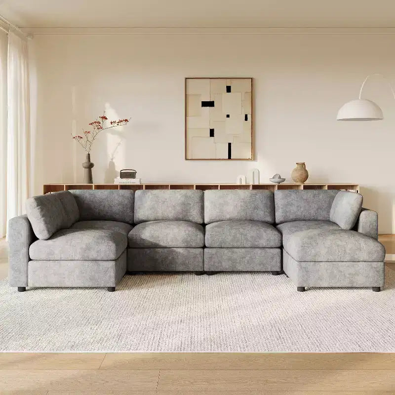 GDFStudio Hudson canapé sectionnel modulaire moderne en chenille 6 places convertible en lit, canapé convertible en U avec pouf