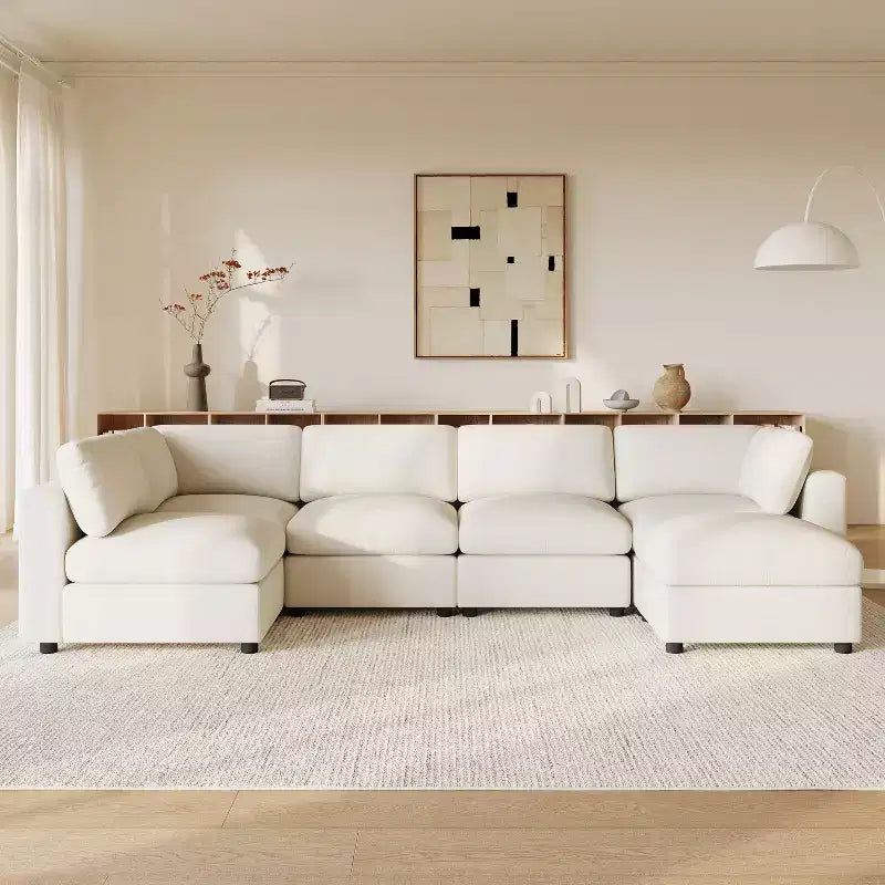 GDFStudio Hudson canapé sectionnel modulaire moderne en chenille 6 places convertible en lit, canapé convertible en U avec pouf