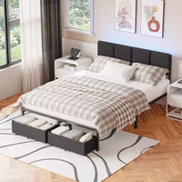 Cadre de lit double rembourré Qwatto avec lumières LED, station de charge, 2 tiroirs de rangement, lit plateforme sans sommier, mobilier de chambre moderne