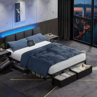 Cadre de lit double rembourré Qwatto avec lumières LED, station de charge, 2 tiroirs de rangement, lit plateforme sans sommier, mobilier de chambre moderne