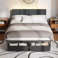 Cadre de lit double rembourré Qwatto avec lumières LED, station de charge, 2 tiroirs de rangement, lit plateforme sans sommier, mobilier de chambre moderne