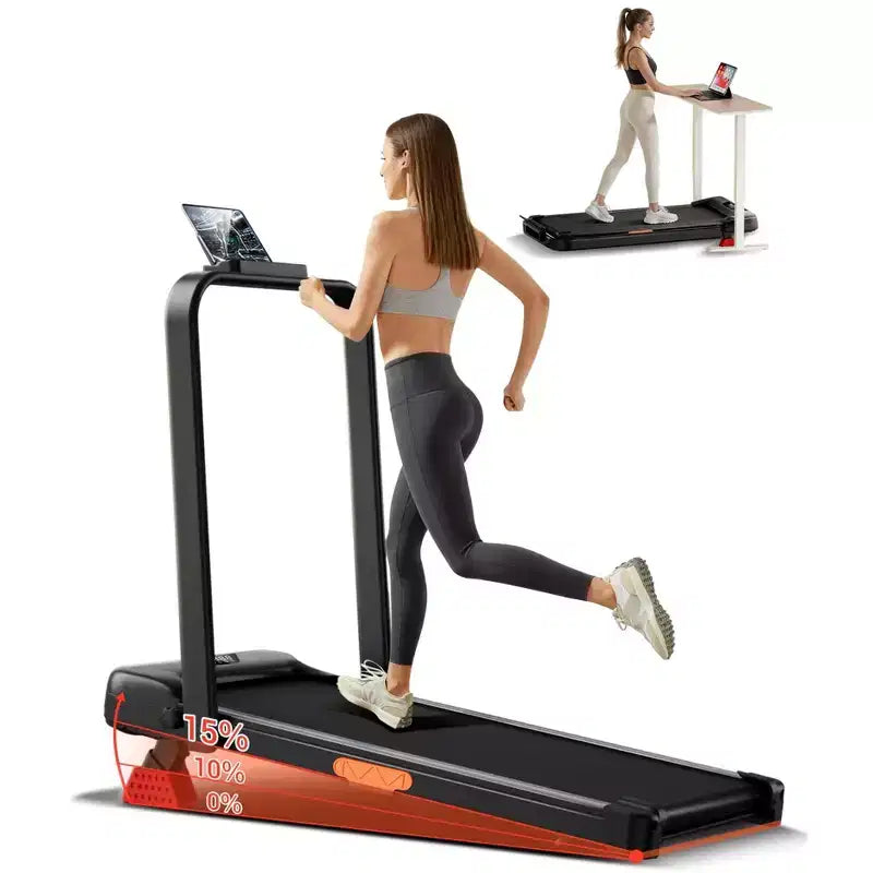 Tapis de course incliné à 15 % avec guidon – Tapis de marche pliable silencieux de 2,5 CV pour bureau à domicile sous le bureau, tapis de marche portable avec capacité de 150 kg