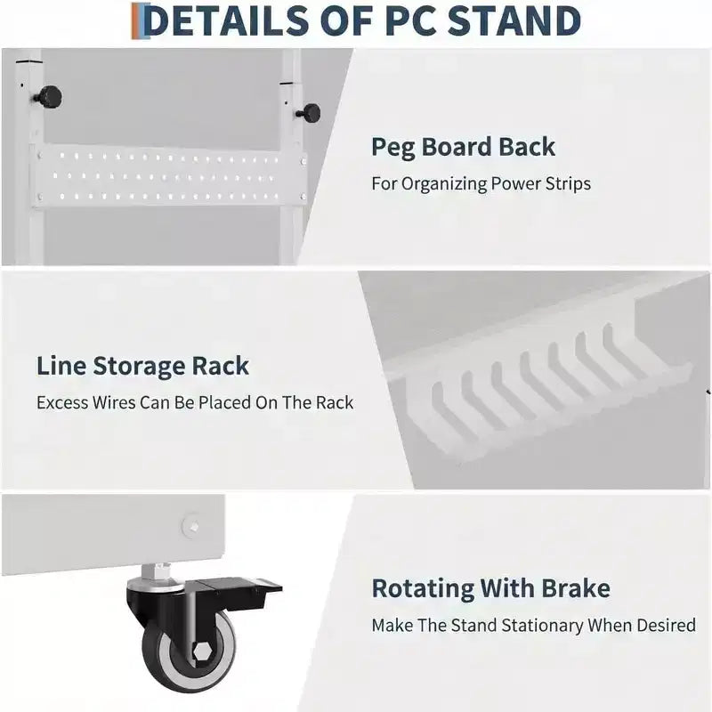Support CPU roulant réglable avec gestion des câbles, hauteur 22.83-34.1 pouces pour sous le bureau. Support tour mobile à 2 niveaux pour bureau et maison, blanc