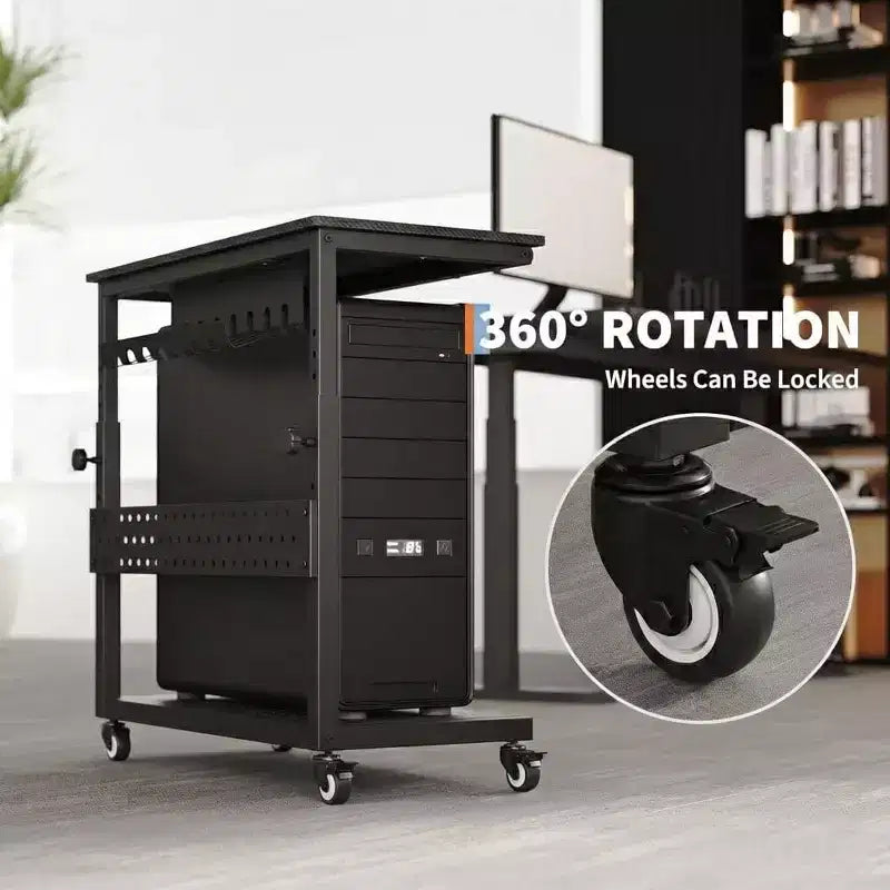 Support CPU roulant réglable avec gestion des câbles, hauteur 22.83-34.1 pouces pour sous le bureau. Support tour mobile à 2 niveaux pour bureau et maison, blanc