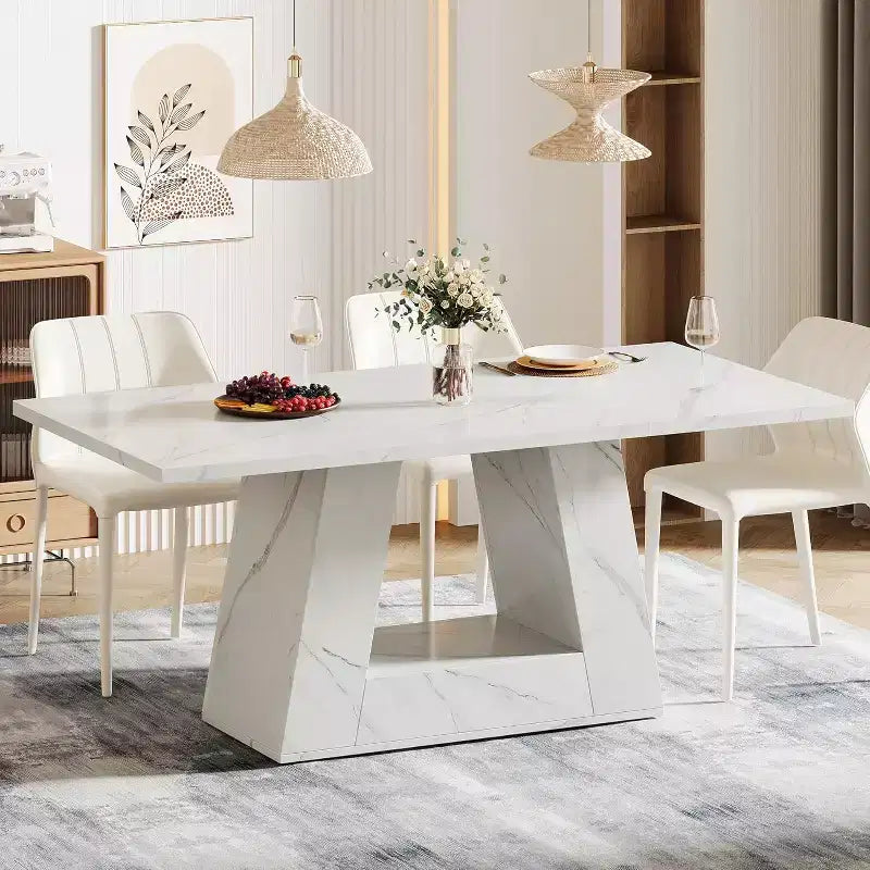 Table à manger Lantine pour 4 à 6 personnes, table de salle à manger rectangulaire moderne en bois et faux marbre de 160 cm avec base robuste pour cuisine, salon