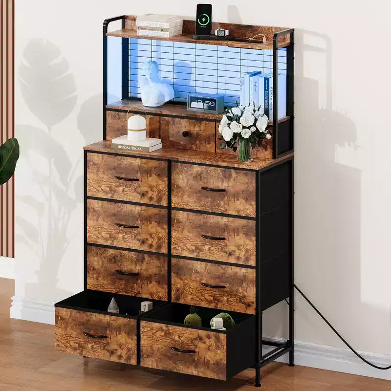 Commode, commode intelligente avec 11 tiroirs en tissu, station de charge intégrée et RGB contrôlé par application, blanc industriel