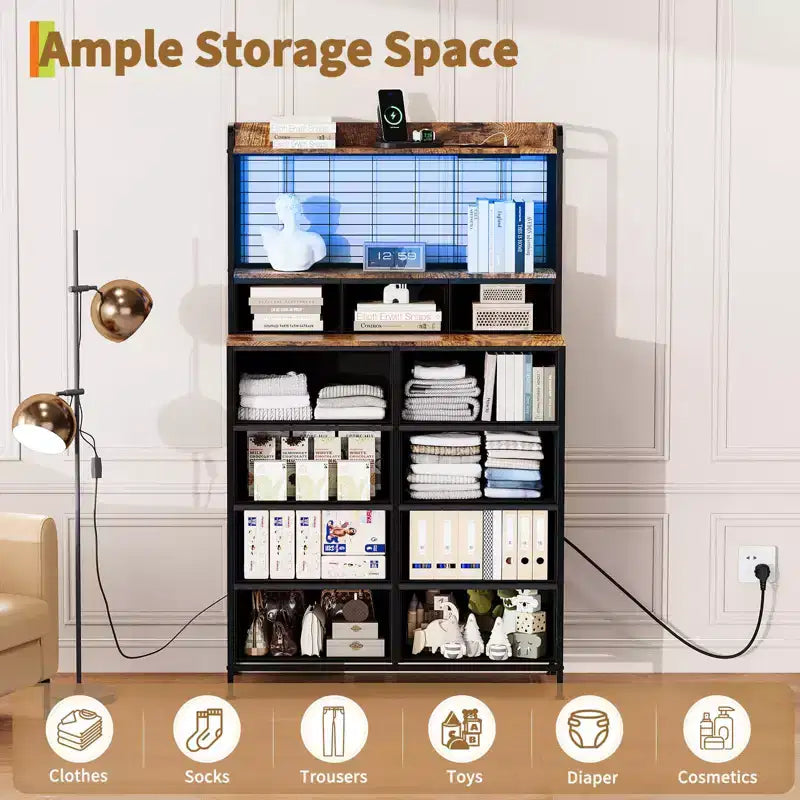Commode, commode intelligente avec 11 tiroirs en tissu, station de charge intégrée et RGB contrôlé par application, blanc industriel