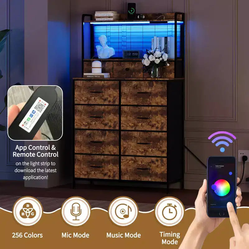 Commode, commode intelligente avec 11 tiroirs en tissu, station de charge intégrée et RGB contrôlé par application, blanc industriel