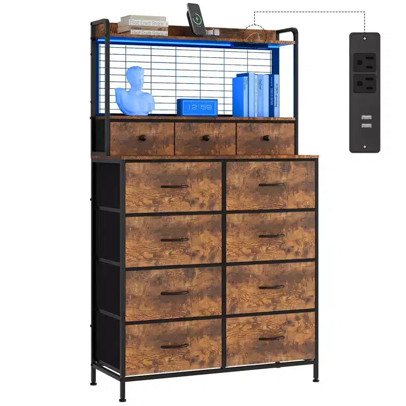 Commode, commode intelligente avec 11 tiroirs en tissu, station de charge intégrée et RGB contrôlé par application, blanc industriel