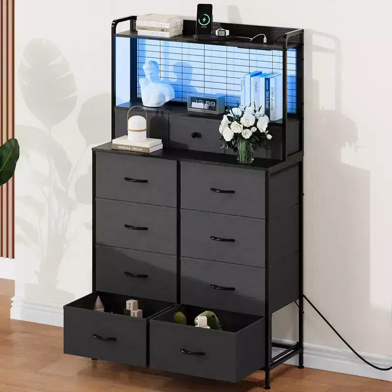 Commode, commode intelligente avec 11 tiroirs en tissu, station de charge intégrée et RGB contrôlé par application, blanc industriel