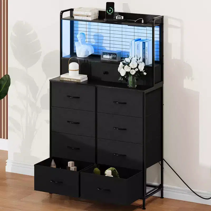 Commode, commode intelligente avec 11 tiroirs en tissu, station de charge intégrée et RGB contrôlé par application, blanc industriel