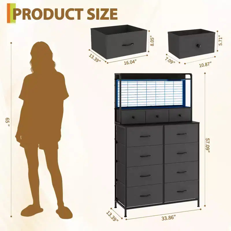 Commode, commode intelligente avec 11 tiroirs en tissu, station de charge intégrée et RGB contrôlé par application, blanc industriel