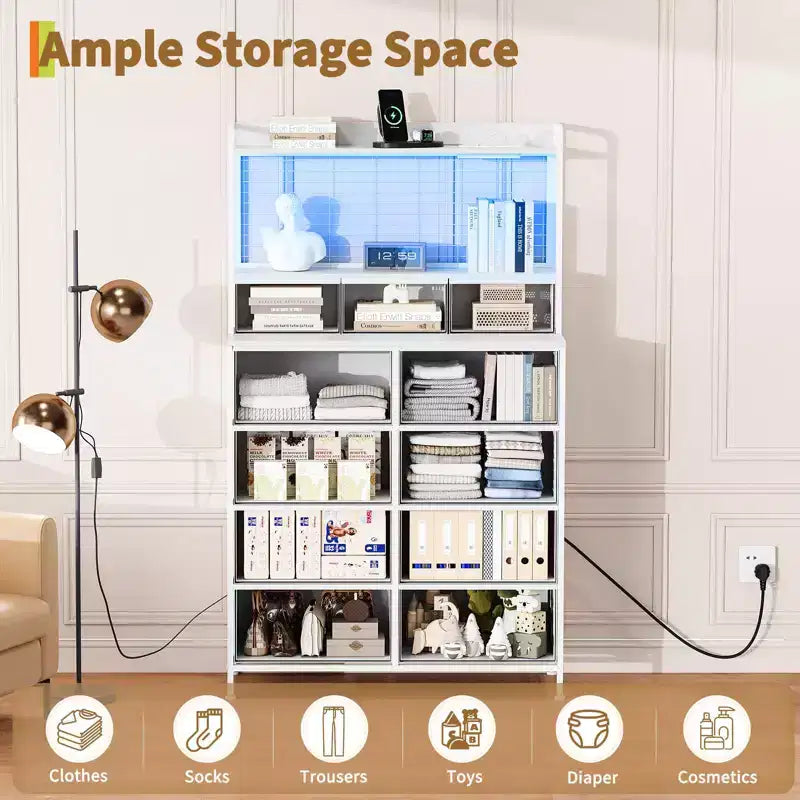 Commode, commode intelligente avec 11 tiroirs en tissu, station de charge intégrée et RGB contrôlé par application, blanc industriel