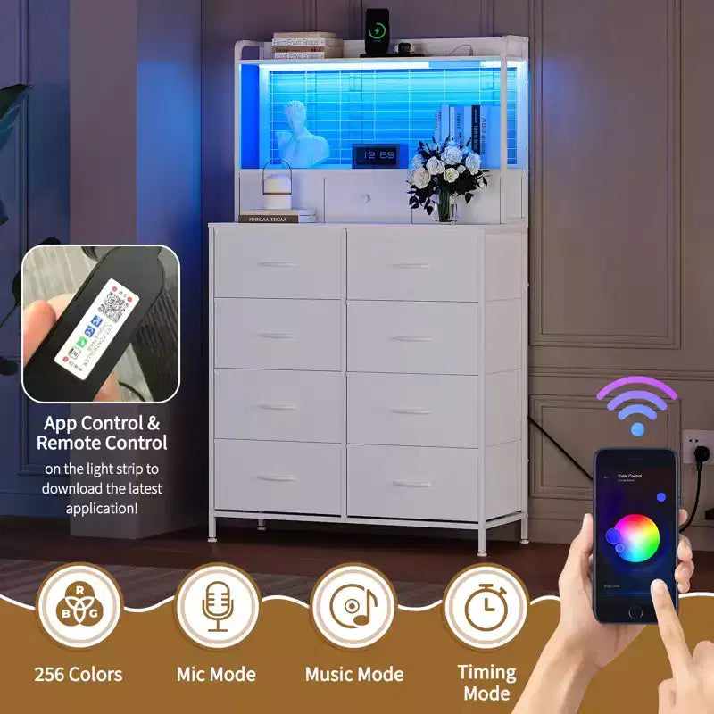 Commode, commode intelligente avec 11 tiroirs en tissu, station de charge intégrée et RGB contrôlé par application, blanc industriel