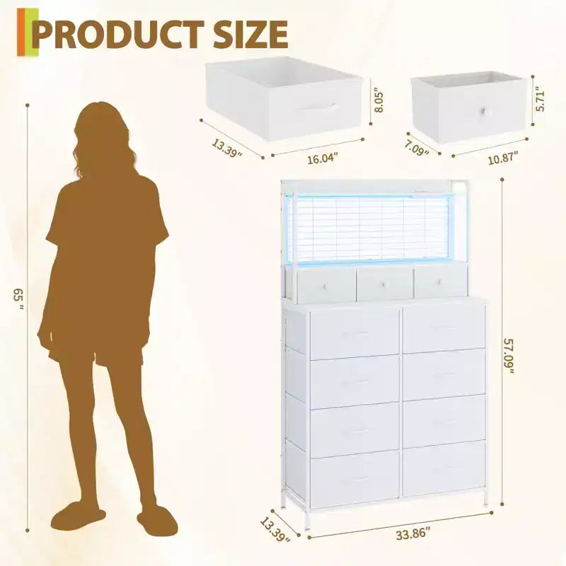 Commode, commode intelligente avec 11 tiroirs en tissu, station de charge intégrée et RGB contrôlé par application, blanc industriel