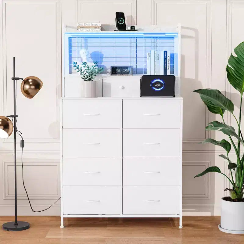 Commode, commode intelligente avec 11 tiroirs en tissu, station de charge intégrée et RGB contrôlé par application, blanc industriel
