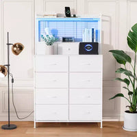 Commode, commode intelligente avec 11 tiroirs en tissu, station de charge intégrée et RGB contrôlé par application, blanc industriel