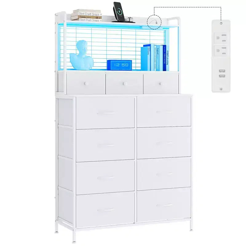Commode, commode intelligente avec 11 tiroirs en tissu, station de charge intégrée et RGB contrôlé par application, blanc industriel