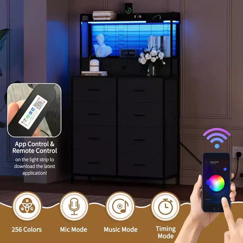 Commode, commode intelligente avec 11 tiroirs en tissu, station de charge intégrée et RGB contrôlé par application, blanc industriel