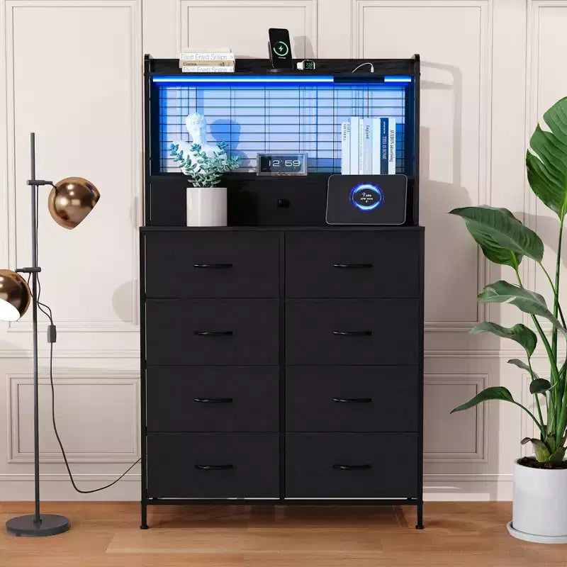 Commode, commode intelligente avec 11 tiroirs en tissu, station de charge intégrée et RGB contrôlé par application, blanc industriel