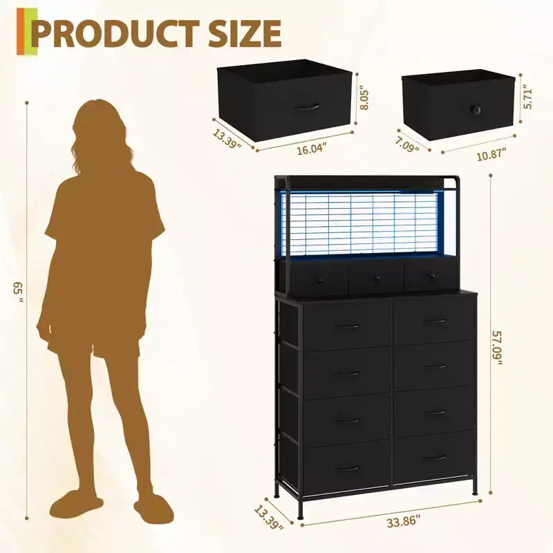 Commode, commode intelligente avec 11 tiroirs en tissu, station de charge intégrée et RGB contrôlé par application, blanc industriel
