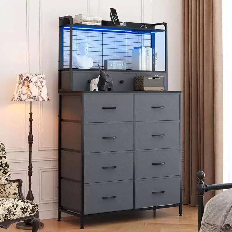 Commode, commode intelligente avec 11 tiroirs en tissu, station de charge intégrée et RGB contrôlé par application, blanc industriel