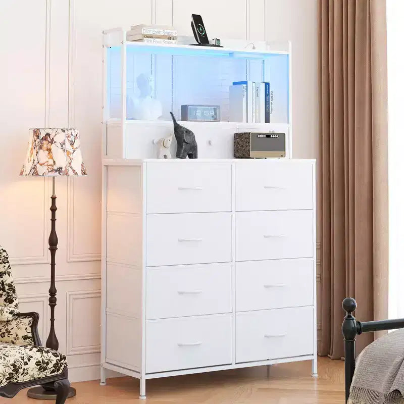 Commode, commode intelligente avec 11 tiroirs en tissu, station de charge intégrée et RGB contrôlé par application, blanc industriel