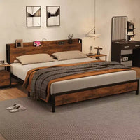 Cadre de lit King Size avec tête de lit de rangement, plateforme de lit King industrielle, pas besoin de sommier tapissier, assemblage facile, support de matelas - Marron rustique