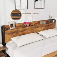 Cadre de lit King Size avec tête de lit de rangement, plateforme de lit King industrielle, pas besoin de sommier tapissier, assemblage facile, support de matelas - Marron rustique