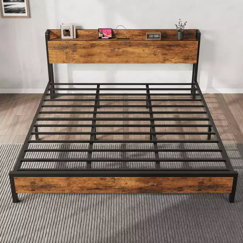 Cadre de lit King Size avec tête de lit de rangement, plateforme de lit King industrielle, pas besoin de sommier tapissier, assemblage facile, support de matelas - Marron rustique