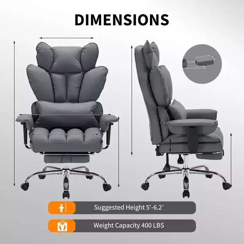 Chaise de bureau grande taille avec repose-pieds, chaise de direction à dossier haut, inclinaison 155, coussin de soutien lombaire, chaises gaming en similicuir pour la maison