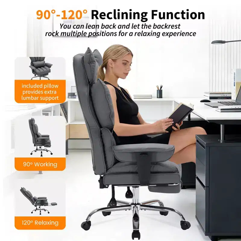 Chaise de bureau grande taille avec repose-pieds, chaise de direction à dossier haut, inclinaison 155, coussin de soutien lombaire, chaises gaming en similicuir pour la maison