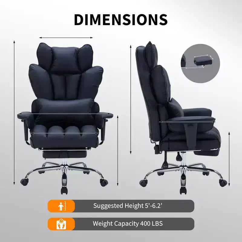 Chaise de bureau grande taille avec repose-pieds, chaise de direction à dossier haut, inclinaison 155, coussin de soutien lombaire, chaises gaming en similicuir pour la maison