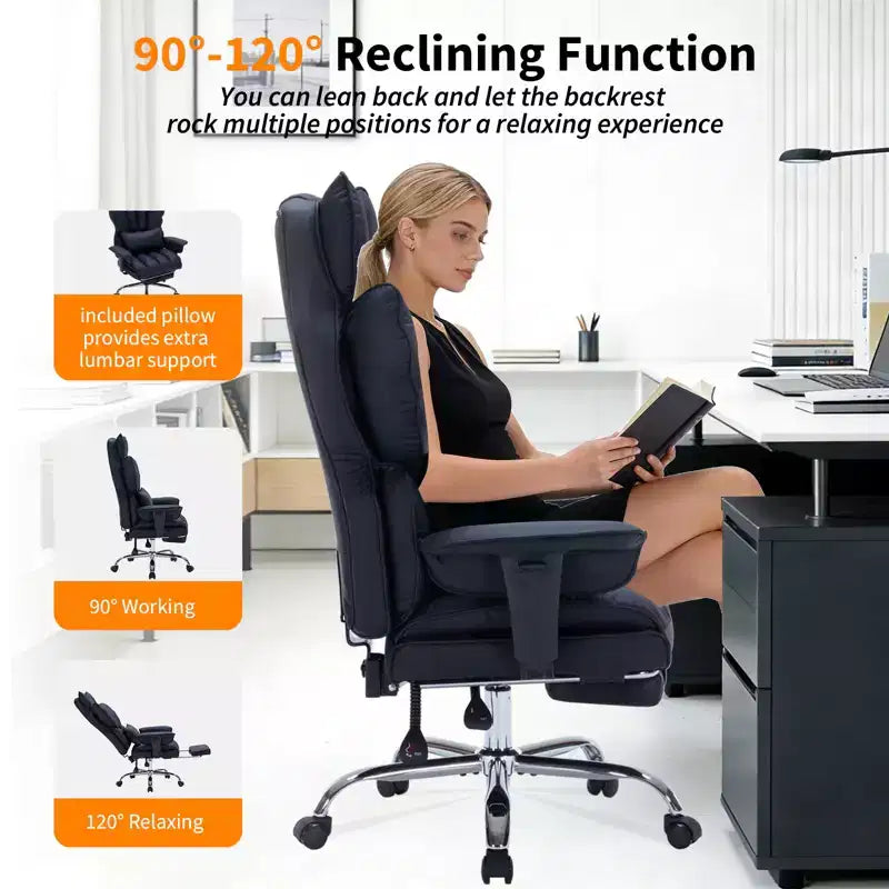 Chaise de bureau grande taille avec repose-pieds, chaise de direction à dossier haut, inclinaison 155, coussin de soutien lombaire, chaises gaming en similicuir pour la maison