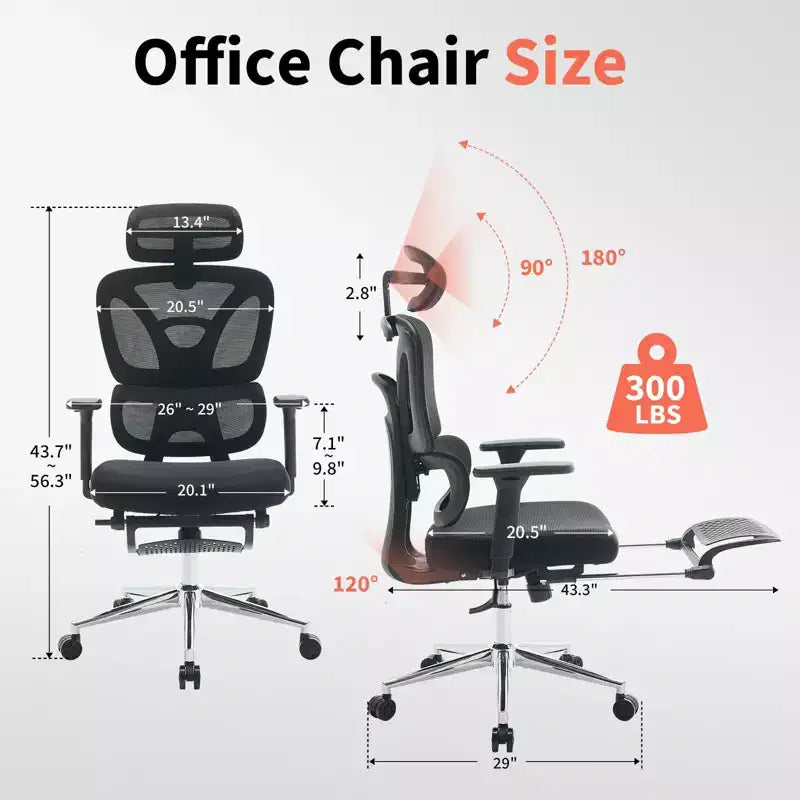 Chaise de bureau ergonomique en maille pour la maison, l'étude, le gaming - lombaire réglable, accoudoirs 3D, appui-tête et repose-pieds - maille noire respirante, cadre noir