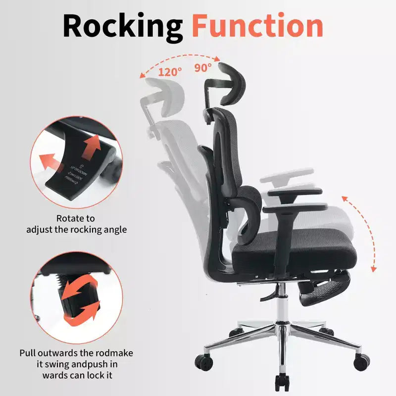 Chaise de bureau ergonomique en maille pour la maison, l'étude, le gaming - lombaire réglable, accoudoirs 3D, appui-tête et repose-pieds - maille noire respirante, cadre noir