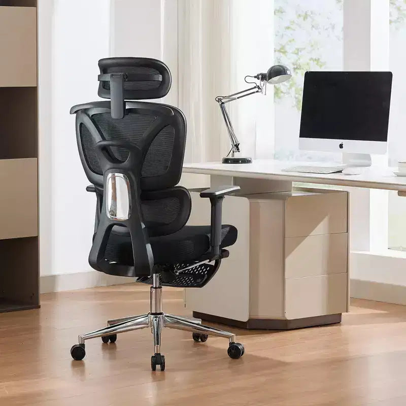 Chaise de bureau ergonomique en maille pour la maison, l'étude, le gaming - lombaire réglable, accoudoirs 3D, appui-tête et repose-pieds - maille noire respirante, cadre noir