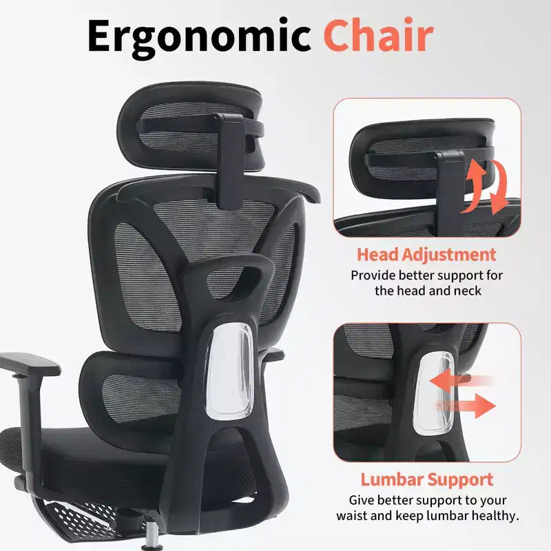 Chaise de bureau ergonomique en maille pour la maison, l'étude, le gaming - lombaire réglable, accoudoirs 3D, appui-tête et repose-pieds - maille noire respirante, cadre noir