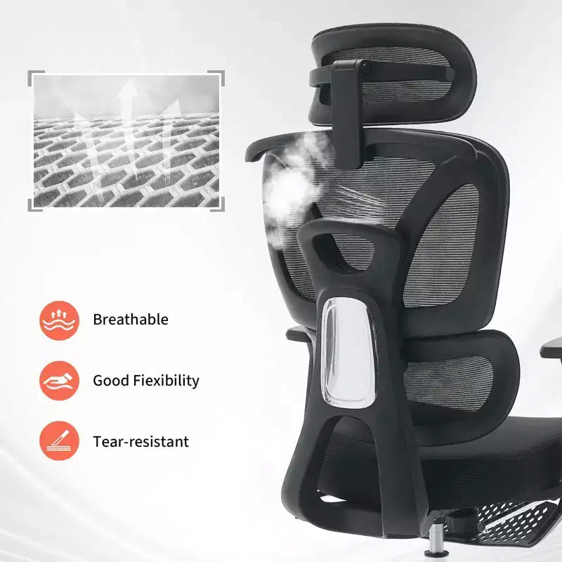 Chaise de bureau ergonomique en maille pour la maison, l'étude, le gaming - lombaire réglable, accoudoirs 3D, appui-tête et repose-pieds - maille noire respirante, cadre noir