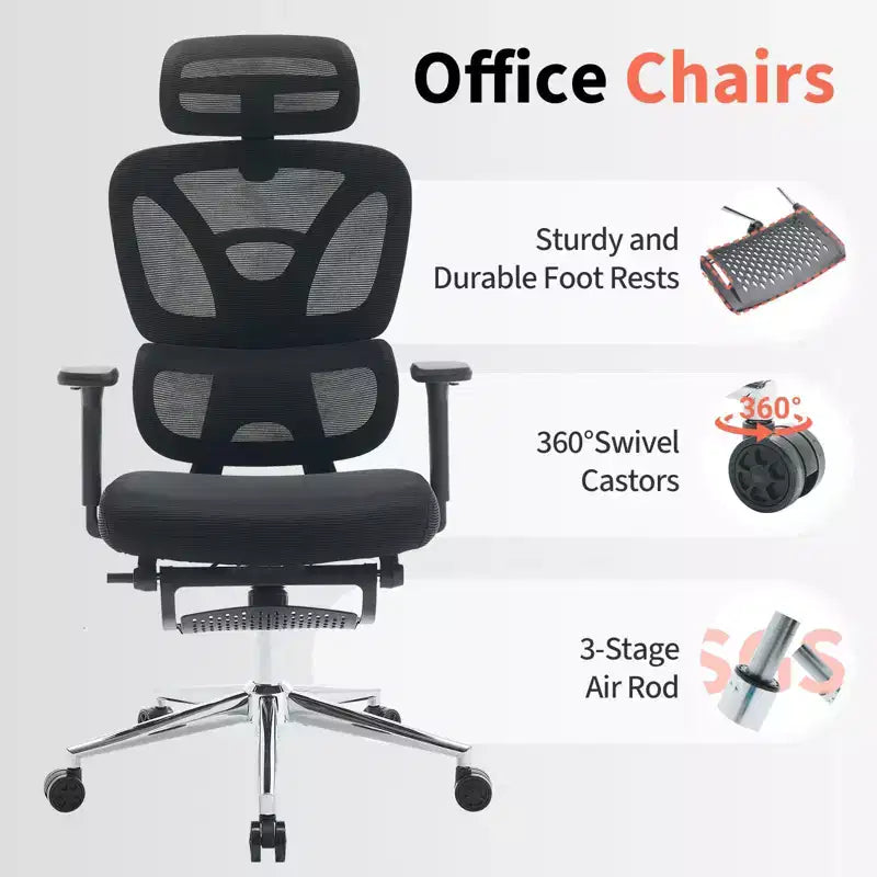 Chaise de bureau ergonomique en maille pour la maison, l'étude, le gaming - lombaire réglable, accoudoirs 3D, appui-tête et repose-pieds - maille noire respirante, cadre noir