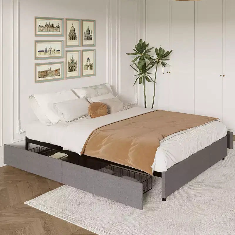Cadre de lit plateforme taille Full / Queen / King avec 4 tiroirs de rangement, tapissé en tissu, sans sommier, lattes en bois, sans bruit, montage facile, gris foncé