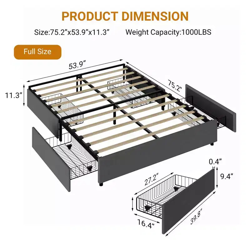 Cadre de lit plateforme taille Full / Queen / King avec 4 tiroirs de rangement, tapissé en tissu, sans sommier, lattes en bois, sans bruit, montage facile, gris foncé