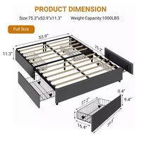 Cadre de lit plateforme taille Full / Queen / King avec 4 tiroirs de rangement, tapissé en tissu, sans sommier, lattes en bois, sans bruit, montage facile, gris foncé
