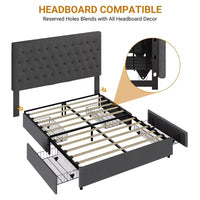Cadre de lit plateforme taille Full / Queen / King avec 4 tiroirs de rangement, tapissé en tissu, sans sommier, lattes en bois, sans bruit, montage facile, gris foncé