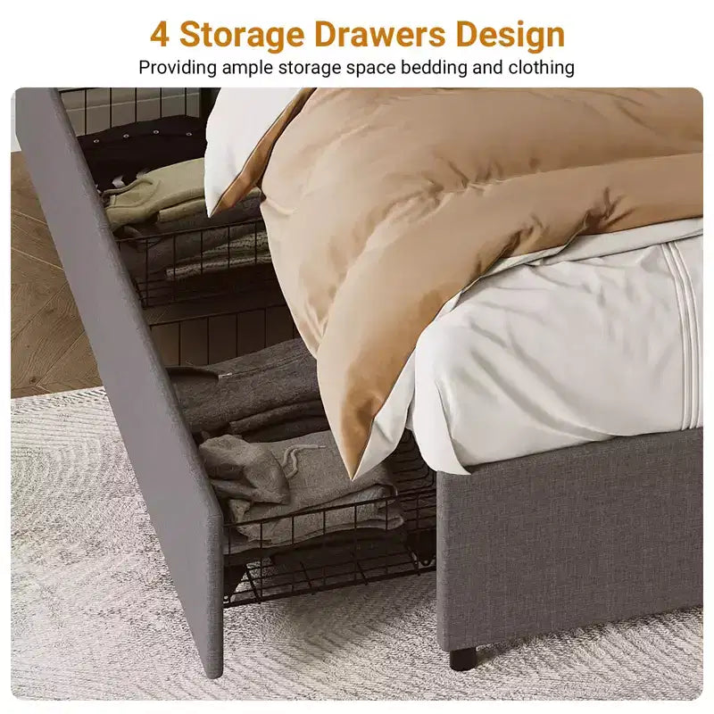 Cadre de lit plateforme taille Full / Queen / King avec 4 tiroirs de rangement, tapissé en tissu, sans sommier, lattes en bois, sans bruit, montage facile, gris foncé