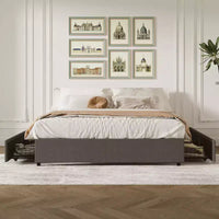Cadre de lit plateforme taille Full / Queen / King avec 4 tiroirs de rangement, tapissé en tissu, sans sommier, lattes en bois, sans bruit, montage facile, gris foncé