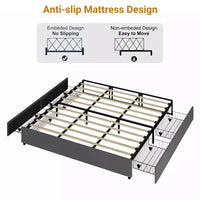 Cadre de lit plateforme taille Full / Queen / King avec 4 tiroirs de rangement, tapissé en tissu, sans sommier, lattes en bois, sans bruit, montage facile, gris foncé
