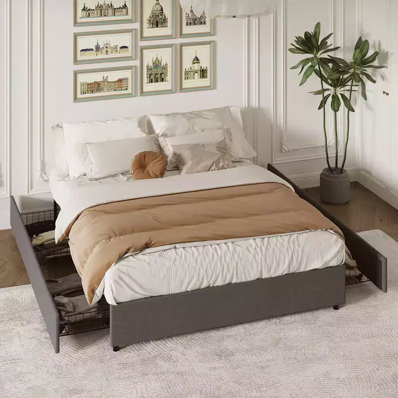 Cadre de lit plateforme taille Full / Queen / King avec 4 tiroirs de rangement, tapissé en tissu, sans sommier, lattes en bois, sans bruit, montage facile, gris foncé
