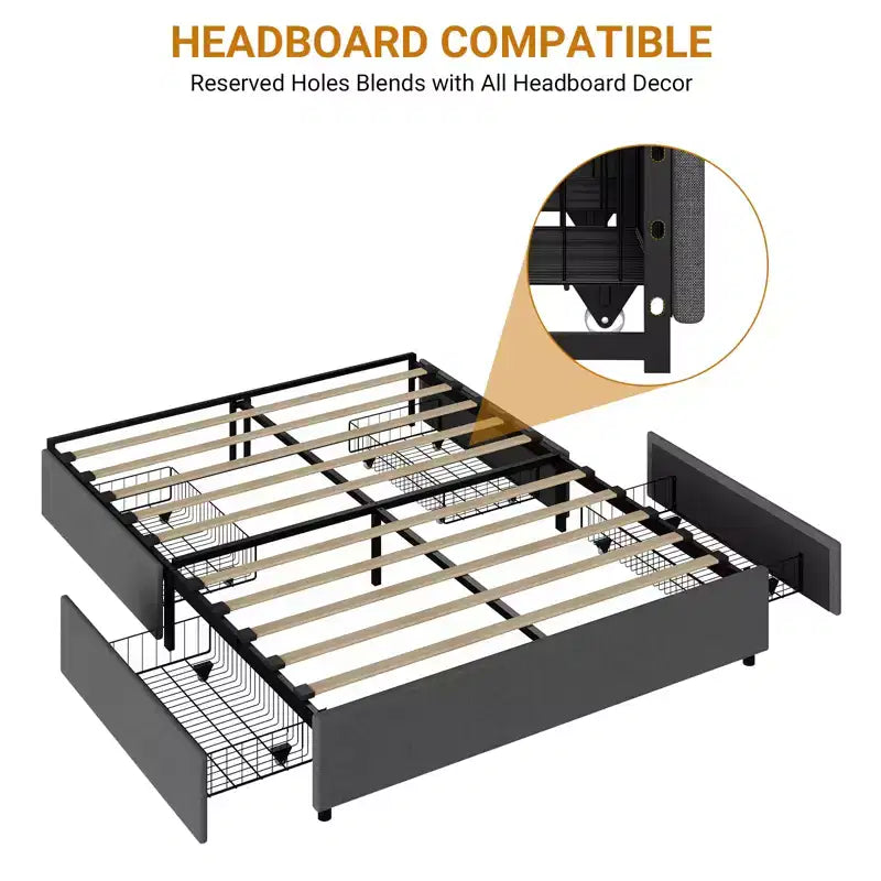 Cadre de lit plateforme taille Full / Queen / King avec 4 tiroirs de rangement, tapissé en tissu, sans sommier, lattes en bois, sans bruit, montage facile, gris foncé