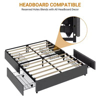 Cadre de lit plateforme taille Full / Queen / King avec 4 tiroirs de rangement, tapissé en tissu, sans sommier, lattes en bois, sans bruit, montage facile, gris foncé